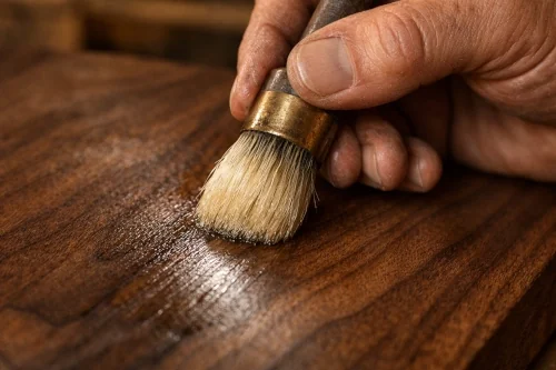 Una mano extiende el bálsamo con brocha sobre una tabla de madera oscura